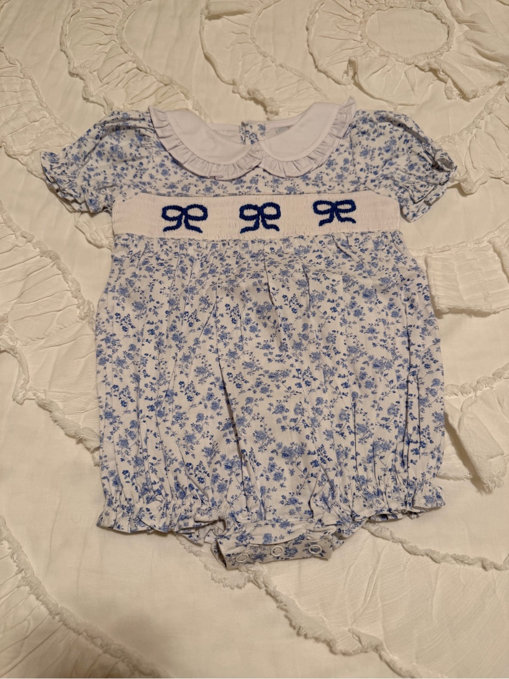 NWT Lillie & Lilah Blue Floral Bubble with Smocking 18 M